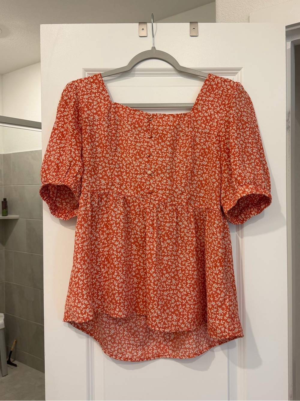 Doe & Rae Orange Floral Square-Neck Peplum Blouse